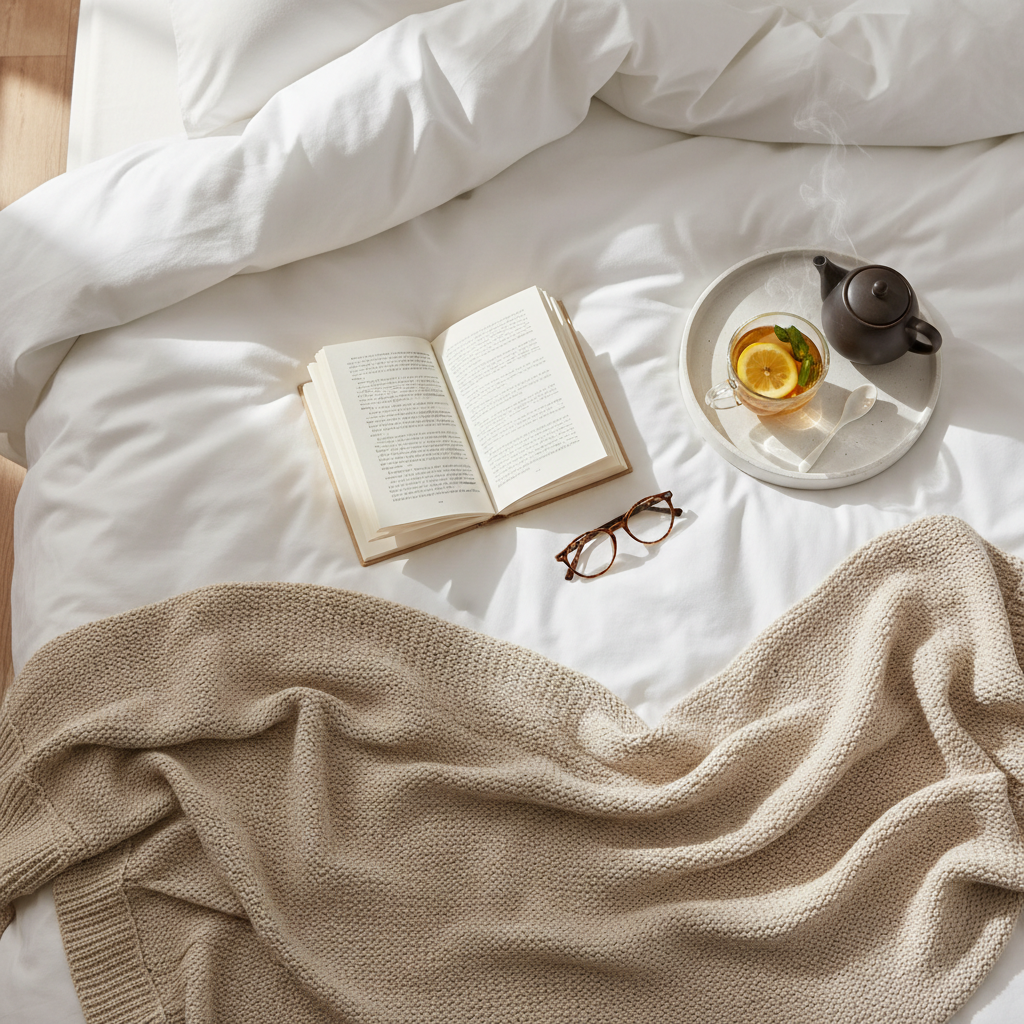 An overhead view of a neatly made bed with crisp white cotton sheets and a soft, oatmeal-colored knitted throw cascading over the edge. At the center lies an open hardcover book, its creamy pages splayed, beside a pair of tortoiseshell reading glasses and a simple ceramic tray with a herbal tea in a clear glass cup. Morning light seeps through an unseen window, diffused and gentle, creating subtle highlights on the glass and delicate shadows in the folds of the blanket. Photographic realism with a flat-lay composition, sharp focus across the frame, evoking a slow, unhurried morning of binge reading, reminiscence, and quiet mental refreshment.