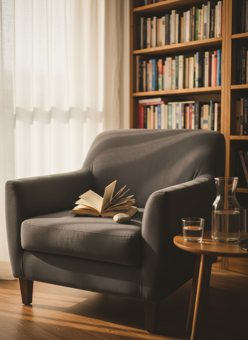 A deep, comfortable armchair upholstered in muted charcoal fabric sits near an overflowing wooden bookshelf, its grain rich with honey and chestnut tones. On the armrest rests a single, slightly worn paperback, pages fanned open with a smooth river stone holding the place. A small side table holds a glass carafe of water and a clear tumbler with condensation. Late afternoon light filters through gauzy curtains, giving the scene a soft, contemplative glow and long, gentle shadows. Photographic realism, framed in rule-of-thirds from a slightly elevated angle, with sharp focus on the book and chair while the shelves blur softly, evoking an intimate, binge-reading retreat.