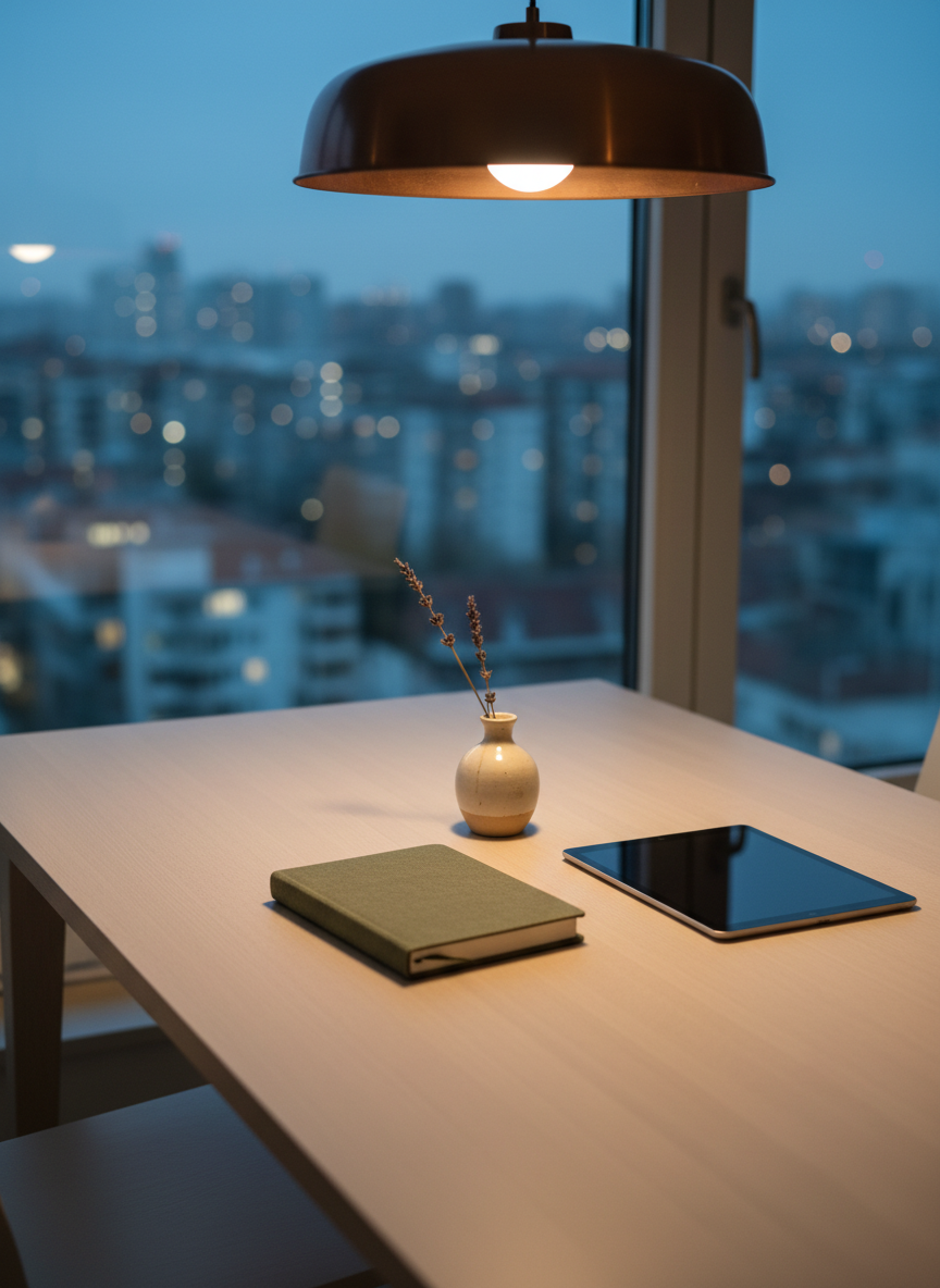 A minimalist wooden dining table is transformed into a personal thinking space, its smooth pale surface holding a closed, cloth-bound notebook, a slim tablet in sleep mode with a dark reflective screen, and a single sprig of dried lavender in a tiny ceramic vase. Beyond, a large window reveals a softly blurred cityscape at dusk, with scattered, warm apartment lights glowing like distant ideas. The scene is lit by the cool, fading natural light mixed with a warm pendant lamp above, creating a balanced, sophisticated twilight ambiance. Photographic realism, captured from a slightly elevated three-quarter view with a shallow depth of field, emphasizing quiet solo planning and reflective, modern-day journaling.